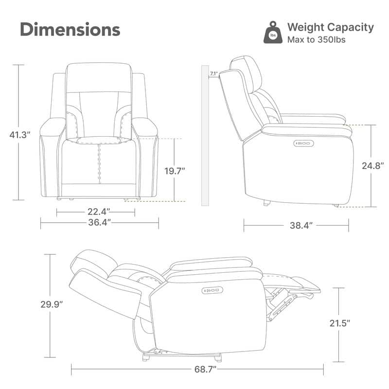 Spruce & Spring Dual Motors Genuine Leather Power Lay Flat Recliner with Power Headrest