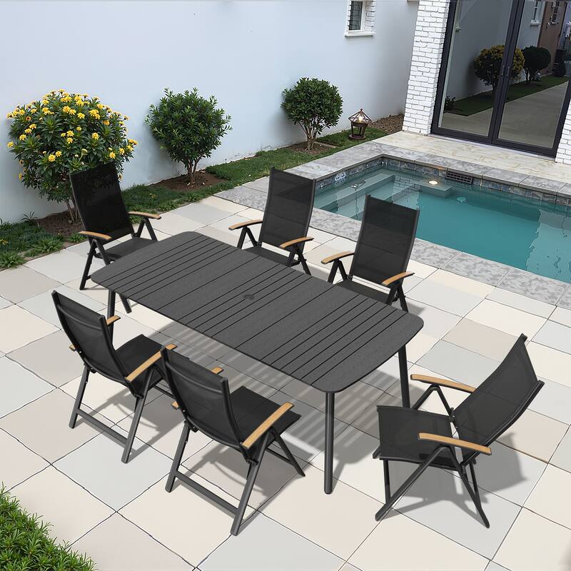 7/9PC Patio Dining Table Rectangular Aluminum Outdoor Table with Folding Chairs - 81.5in-BlackTable-7PC