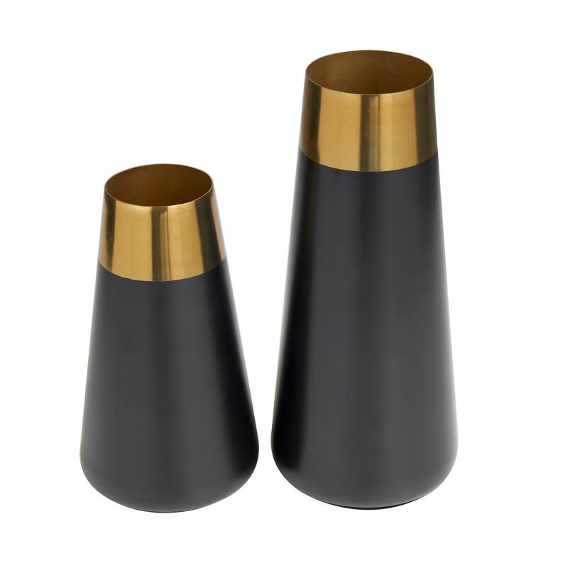 Stainless Steel Metal Vase with Gold Rims - Set of 2 Black - Roche River Decor - 5"W x 5"L x 11"H
