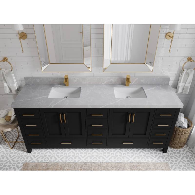 Willow Collection 84 in. W x 22 in. D Malibu Double Sink Bathroom Vanity with Countertop - 2" Pearl Gray - Black