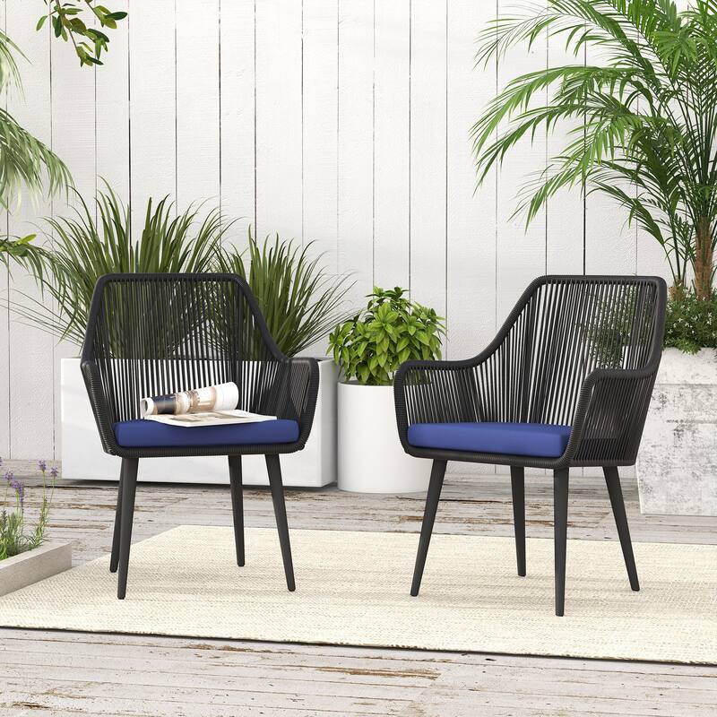 Patio Wicker Cushioned Dining Chairs (Set of 2) - Black