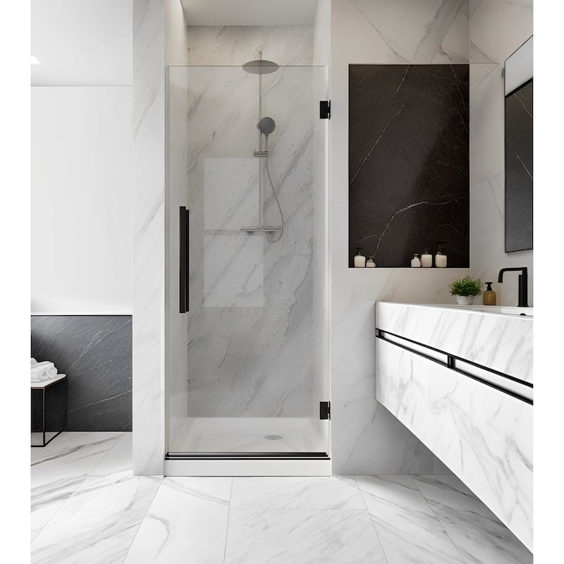 i-Homare 30 in.W x 72 in.H Frameless Pivot Shower Door, 5/16 in SGCC Frosted Tempered Glass - Black