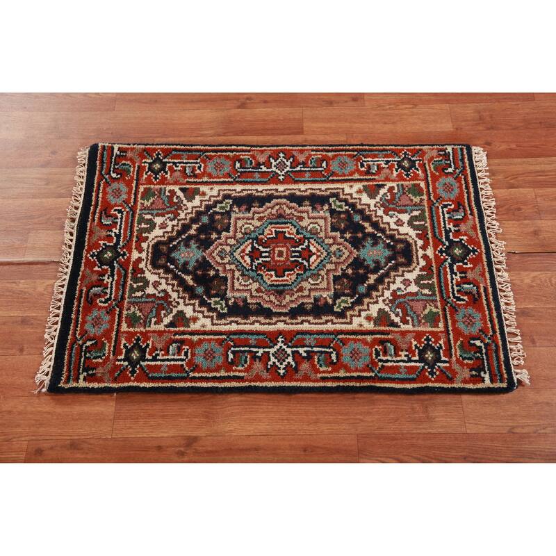 Hand Knotted Oriental 100% Wool Carpet Traditional Medallion Navy Blue & Blues Heriz (serapi) Area Rug - 3' 0'' X 2' 0''