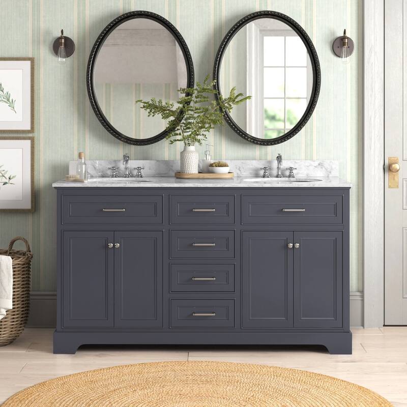 KitchenBathCollection Aria 60" Double Bathroom Vanity with Carrara Marble Top