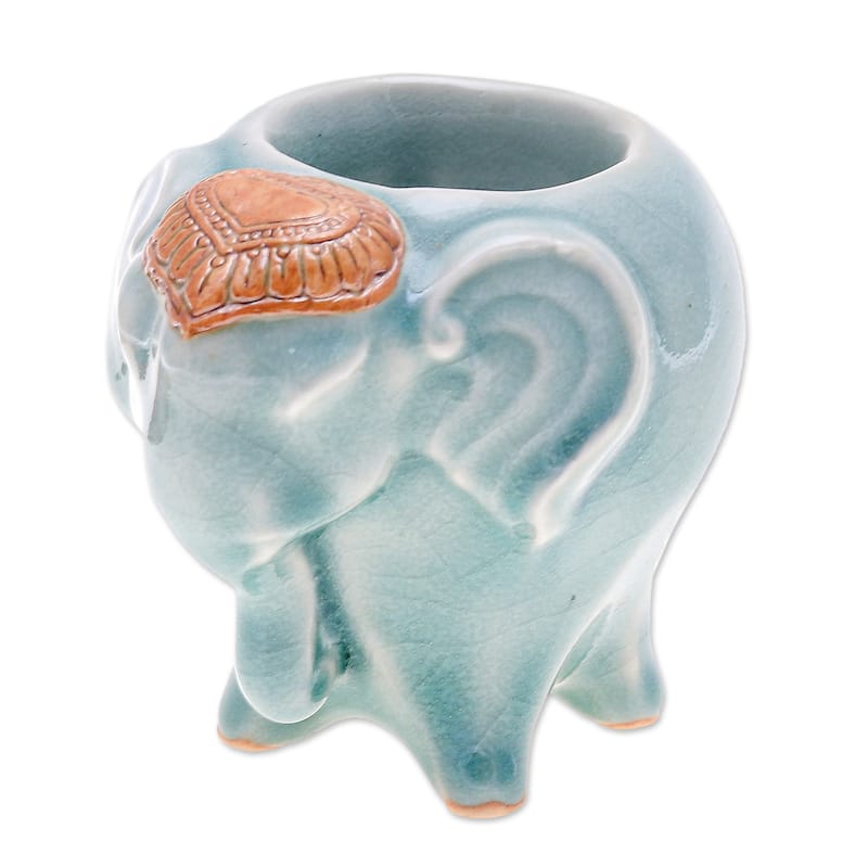 Novica Handmade Bright Elephant In Green Celadon Ceramic Tealight Holder