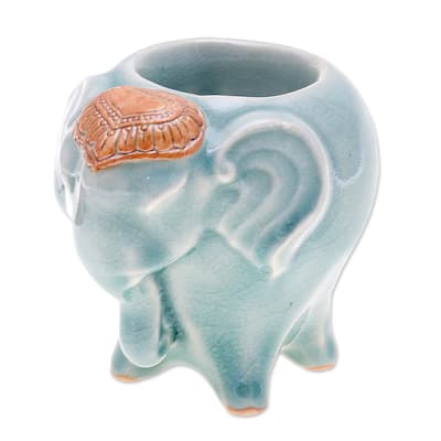 Novica Handmade Bright Elephant In Green Celadon Ceramic Tealight Holder