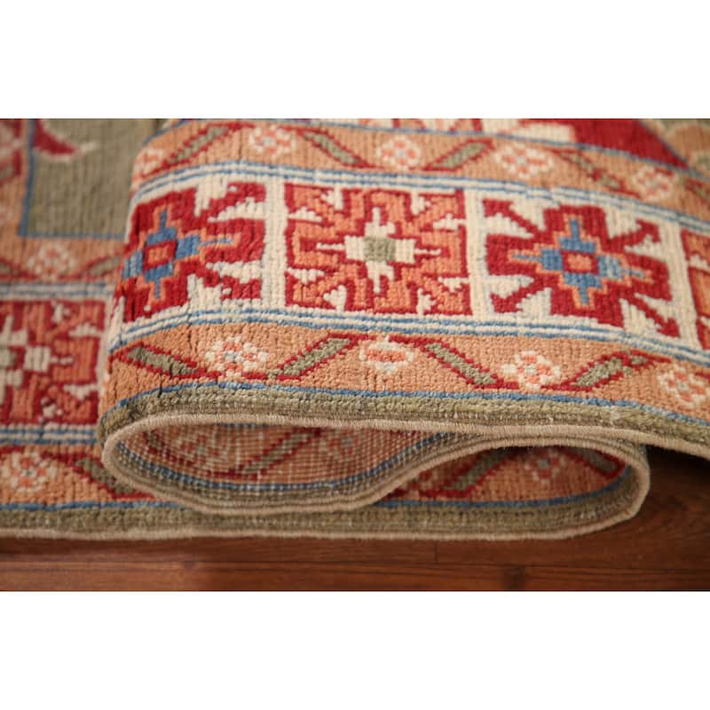 Geometric Green Kazak Oriental Accent Rug Handmade Wool Carpet - 3'3"x 5'1"