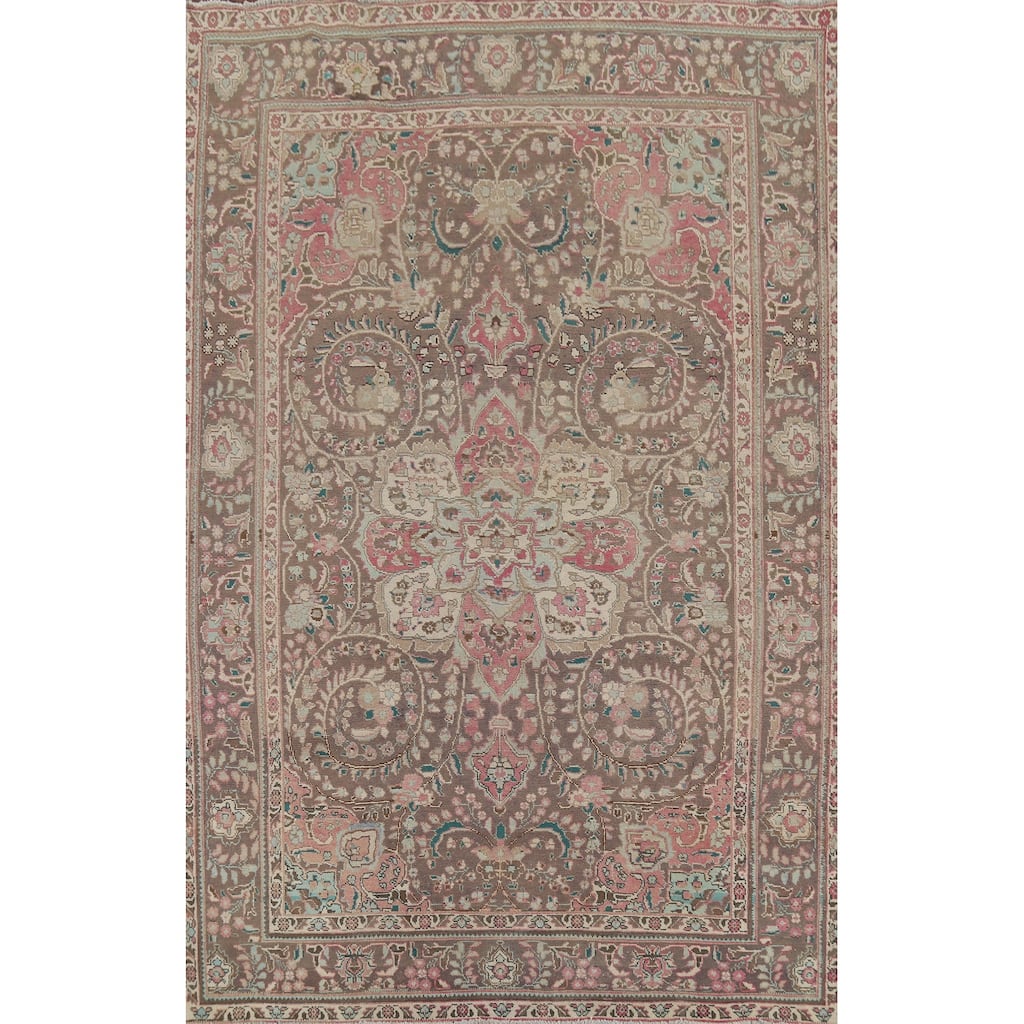 Brown Floral Tabriz Persian Vintage Area Rug Handmade Wool Carpet - 6'10"x 9'8"