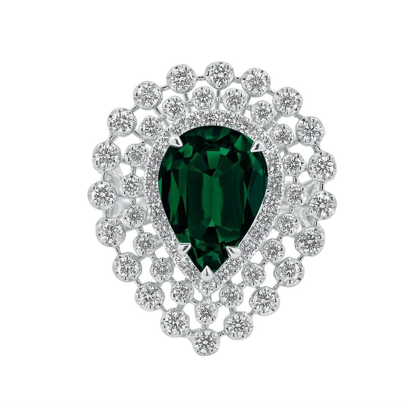 Auriya 4 1/5ct Pear-cut Green Emerald and Halo Diamond Ring 1 1/2cttw 18K Gold