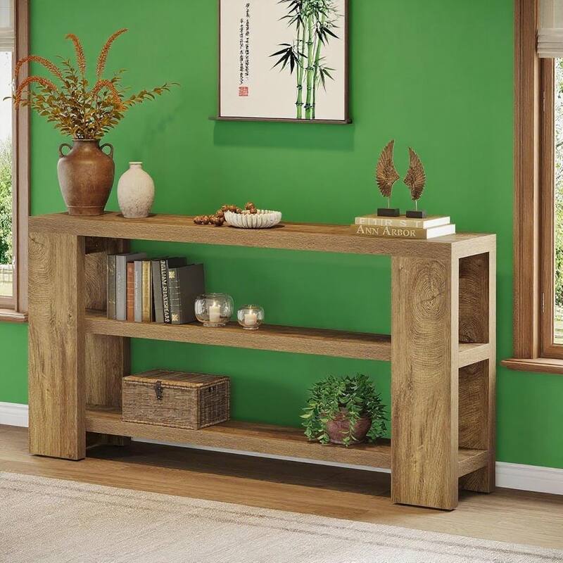 Brown Wooden 3-Tier Farmhouse Console Table with Extra-Long Shelf - 70.87” L x 11.61 W x 33.46 H