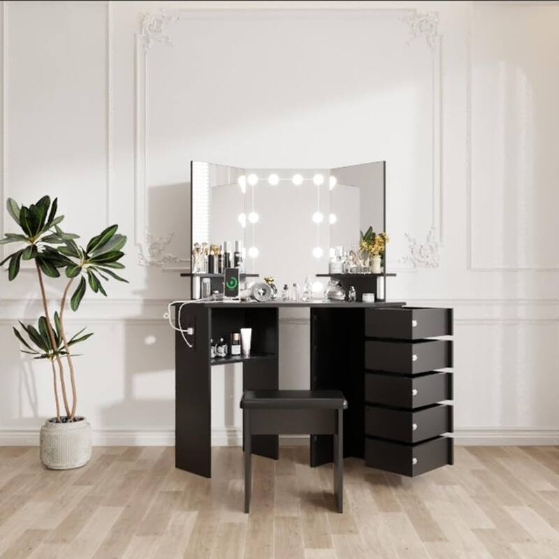 Makeup Vanity Desk with Lights & Power Outlet, Corner Vanity Table with 5 Rotating Drawers