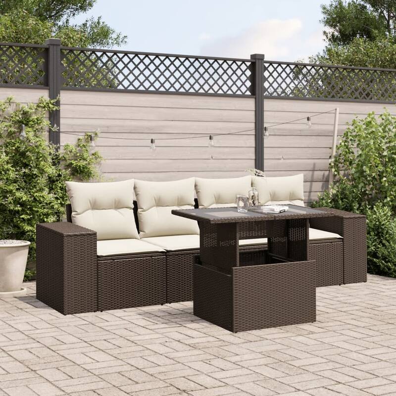 vidaXL Patio Sofa Set with Cushions Outdoor Furniture 5 Piece Poly Rattan - 21.7 x 39.4 x 28.7 - Brown and Cream-without storage