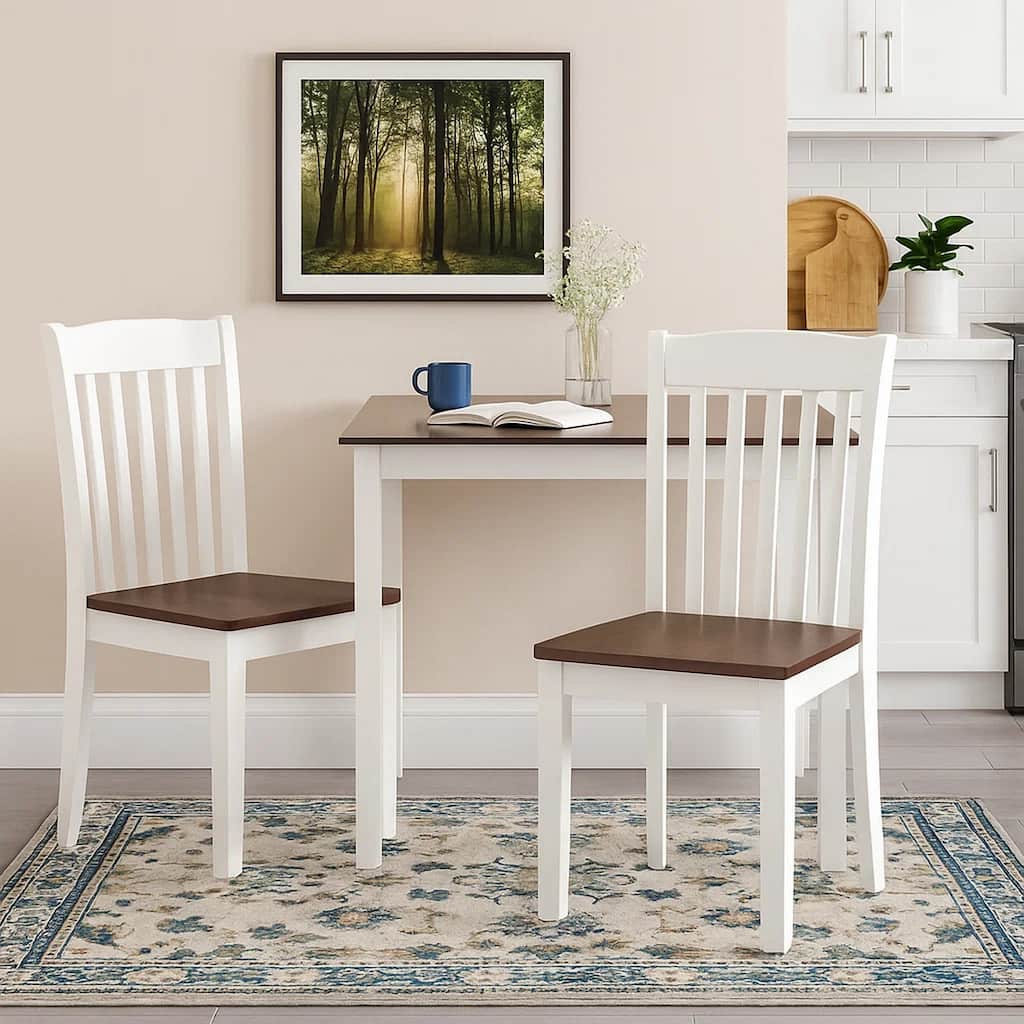 22 Inch Solid Wood Side Chair, Classic, Slatted, Set of 2, White, Brown