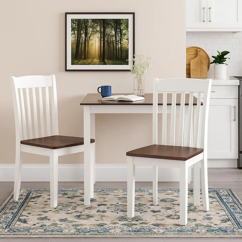 22 Inch Solid Wood Side Chair, Classic, Slatted, Set of 2, White, Brown