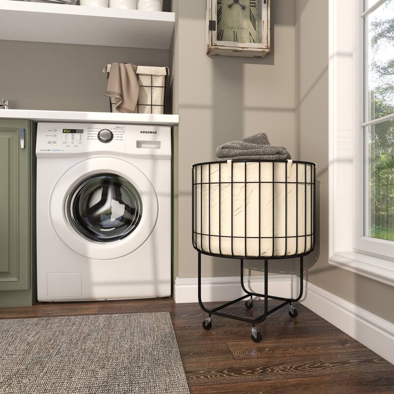 Black Metal Deep Set Wire Basket Storage Cart with Wheels and Fabric Lining