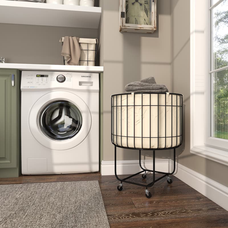 Metal Deep Set Wire Basket Storage Cart with Wheels and Fabric Lining - Black - Roche River Decor