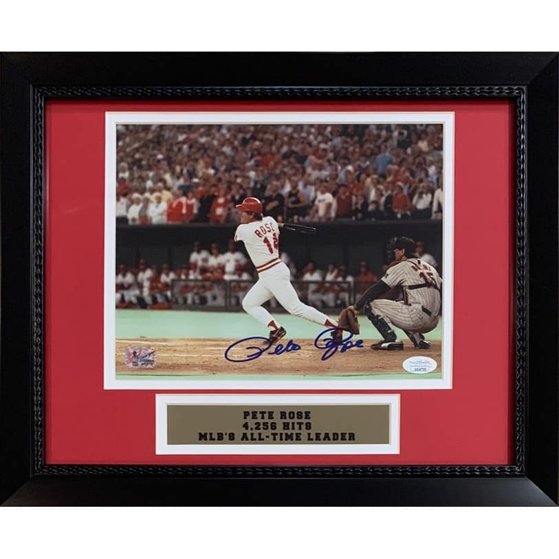 Pete Rose Autographed Signed Framed Baseball 8x10 Photo Hitting 4192 4256 Hit JSA COA - 8'6" x 11'6"
