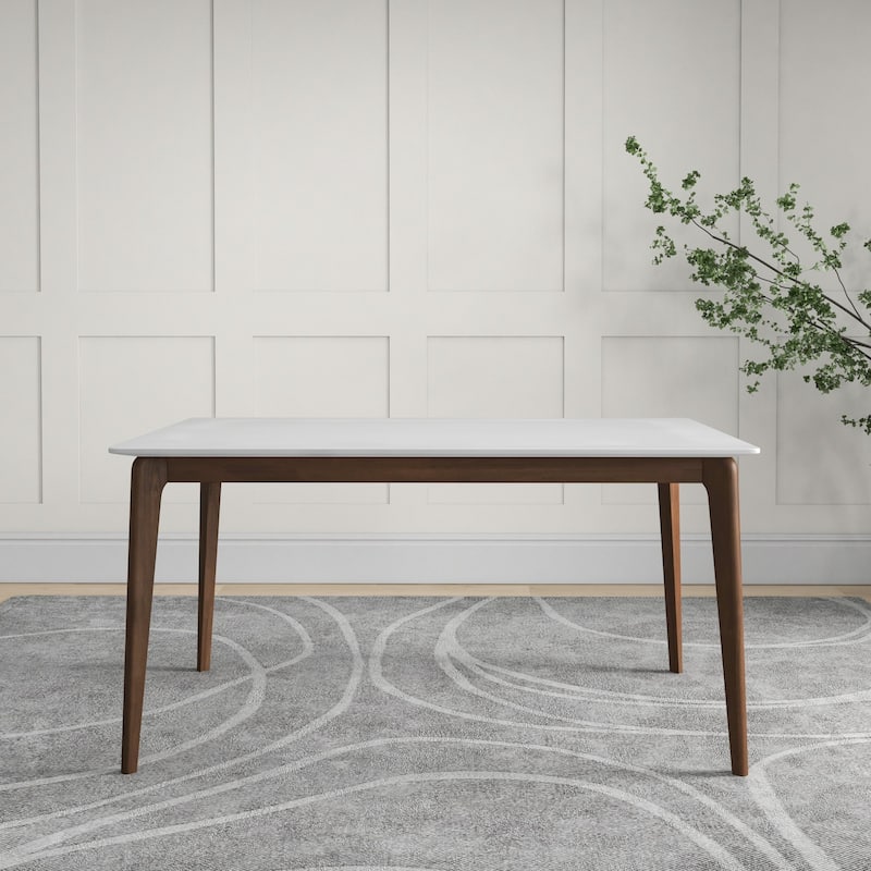 Lindsey Mid-Century Modern Solid Wood Dining Table with White Top and Walnut Legs, 59 inches for Bedroom Hallway, Entryw