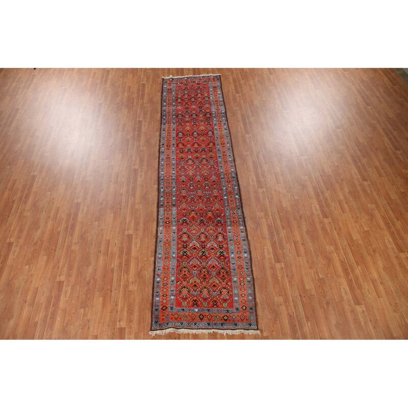 Hand Knotted Oriental 100% Wool Carpet Traditional All-Over Red Heriz Runner Rug - 13' 10'' X 3' 4''