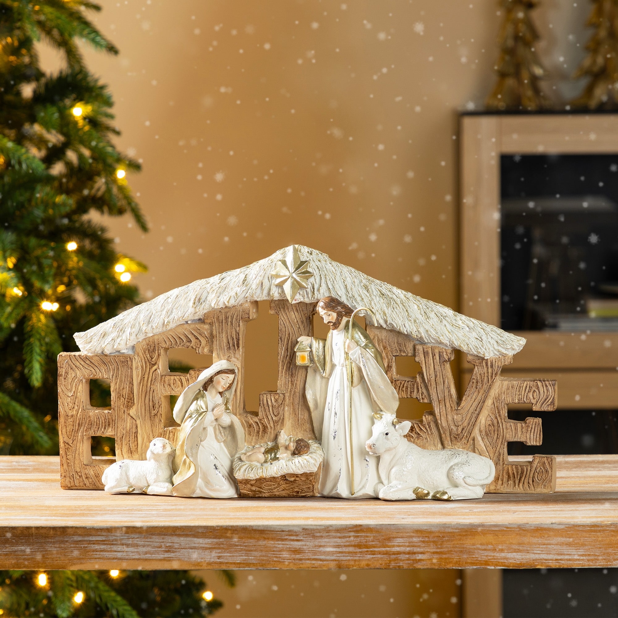Glitzhome 16"W Resin "BELIEVE" Holy Family Nativity Figurine