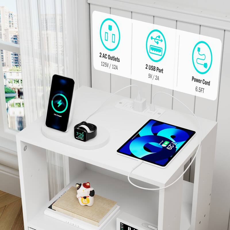 2 Pack Modern LED Nightstand with Charging Station and Fabric Drawers