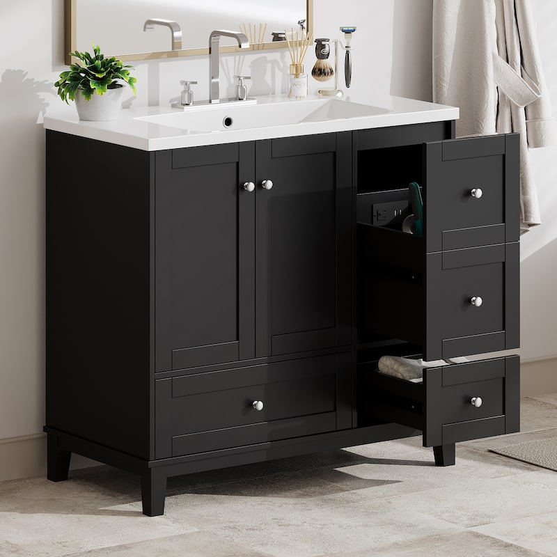 36 Inch Modern Bathroom Vanity with USB Charging, Two Doors and Three Drawers Bathroom Storage Vanity Cabinet