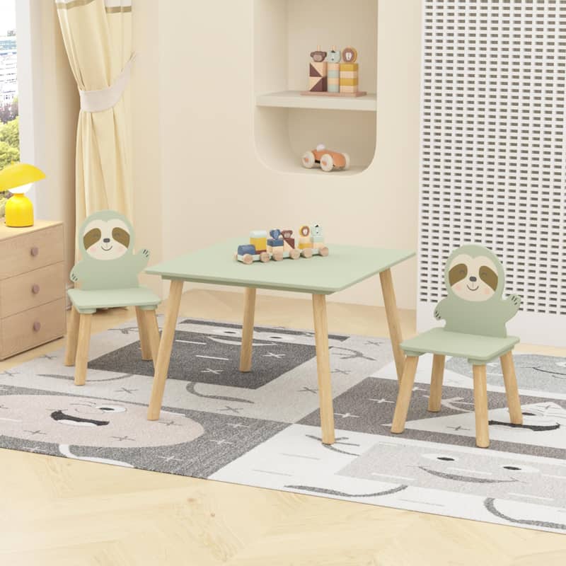 Kids Table and Chair Set with 2 Cute Sloth Chairs, Wooden Toddler Activity Table, Cute Animal Design Play & Study Set