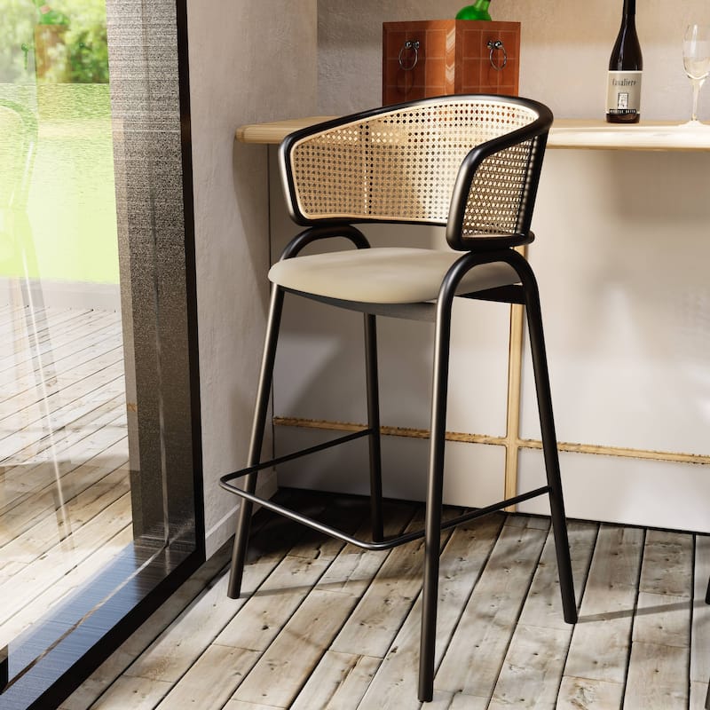 LeisureMod Ervilla Modern Wicker Leather Bar Stool with Curved Back & Stainless Steel Frame for Home & Kitchen