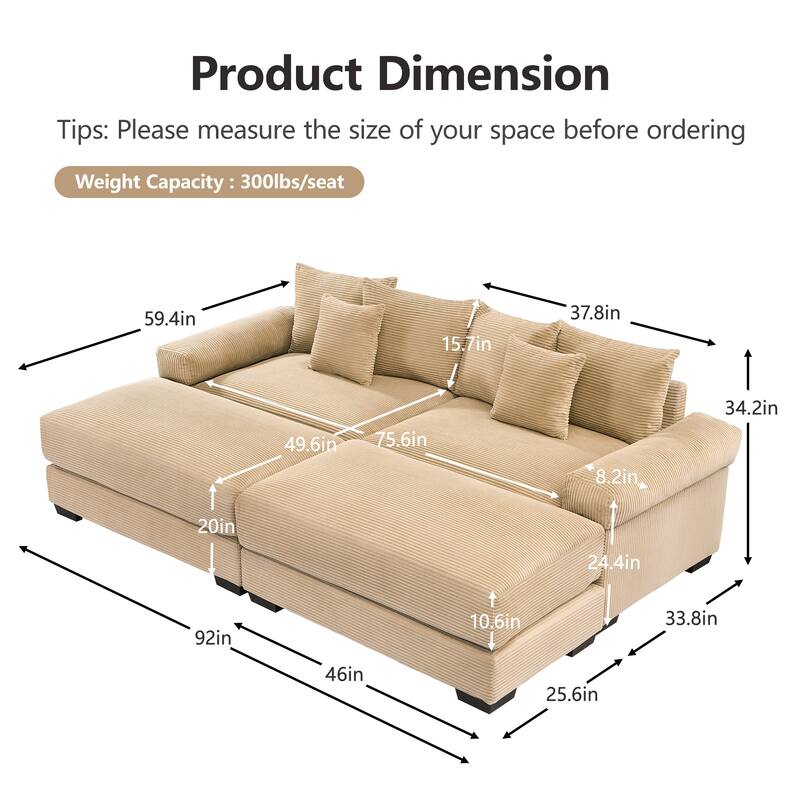 Sectional Couch with 2 Movable Ottomans, 92" Corduroy Couches for Living Room, Upholstered Sofa Couch with Deep Seat for Bedroom