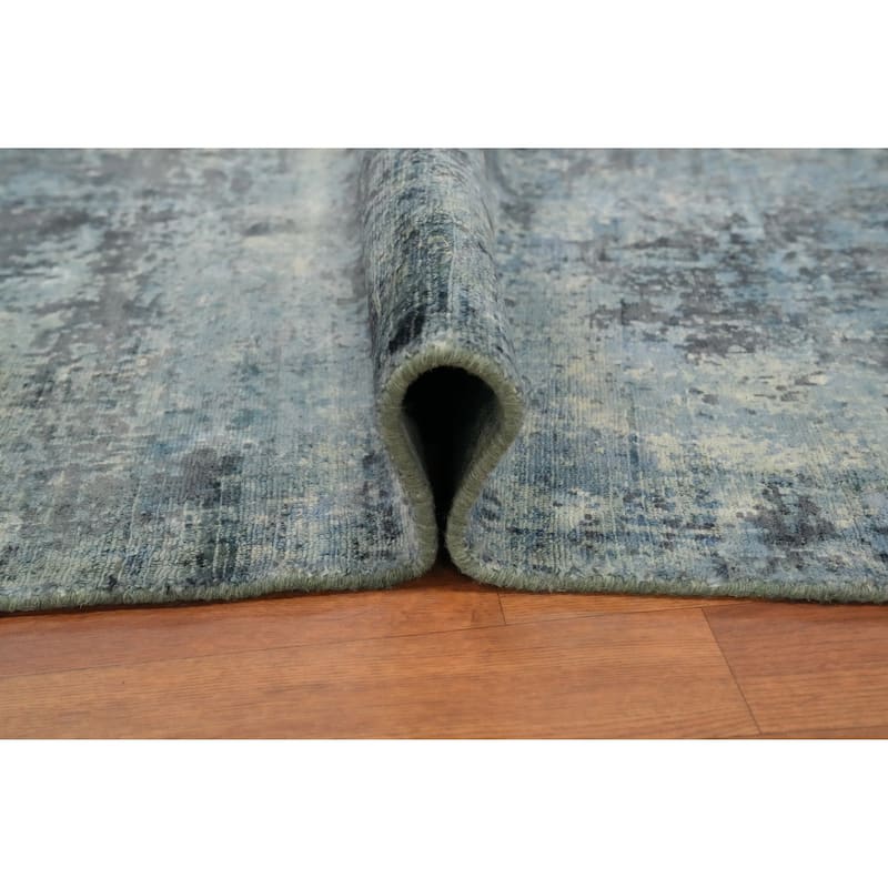Hand Knotted Oriental Viscose Silk Carpet Modern Abstract Navy Blue & Blues Abstract Area Rug - 7' 10'' X 5' 3''