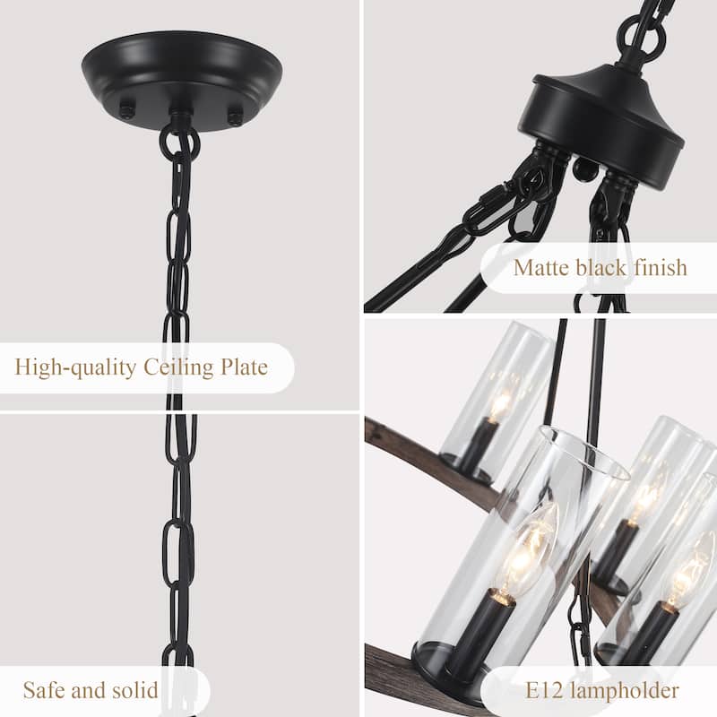 25.98inch 8-light Farmhouse Wagon Wheel Height Adjustable Chandelier With Glass Shade for Multiple Spaces