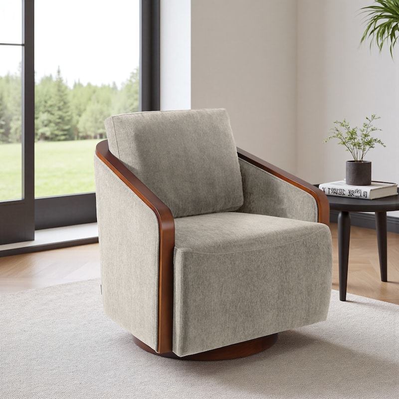 Upholstered Swivel Barrel Chair with Curved Wood Arms
