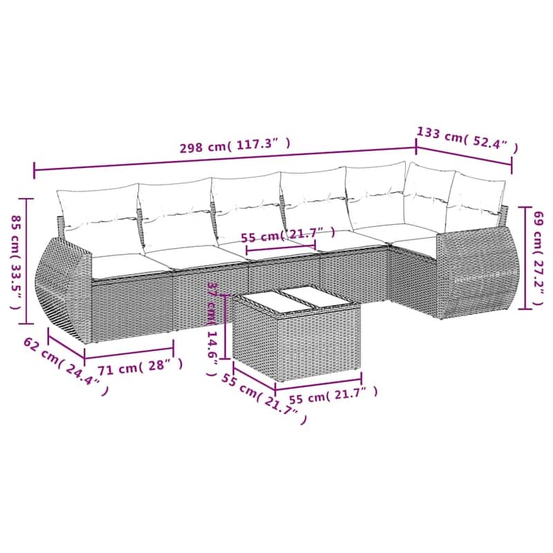 vidaXL Patio Sofa Set with Cushions Outdoor Conversation Furniture Poly Rattan - 24.4 x 24.4 x 27.2