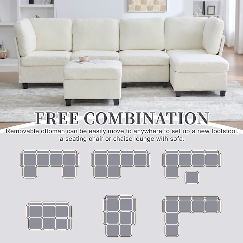 HOMEFUN 6-Seat Polyester Upholstered U-Shaped Modular Storage Sleeper Sectional Sofa with Storage Ottoman