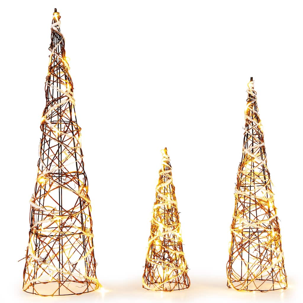 Set of 3 Pre-Lit Rattan Christmas Cone Trees with 60 LED Lights Rustic Tabletop Holiday Décor - Brown - 8" x 32"