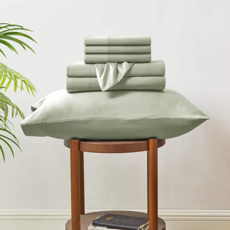 Modern Threads 6-Piece Satin Sheet Set with Deep Pocket Fitted Sheet, 4 Pillowcases, and Organizer