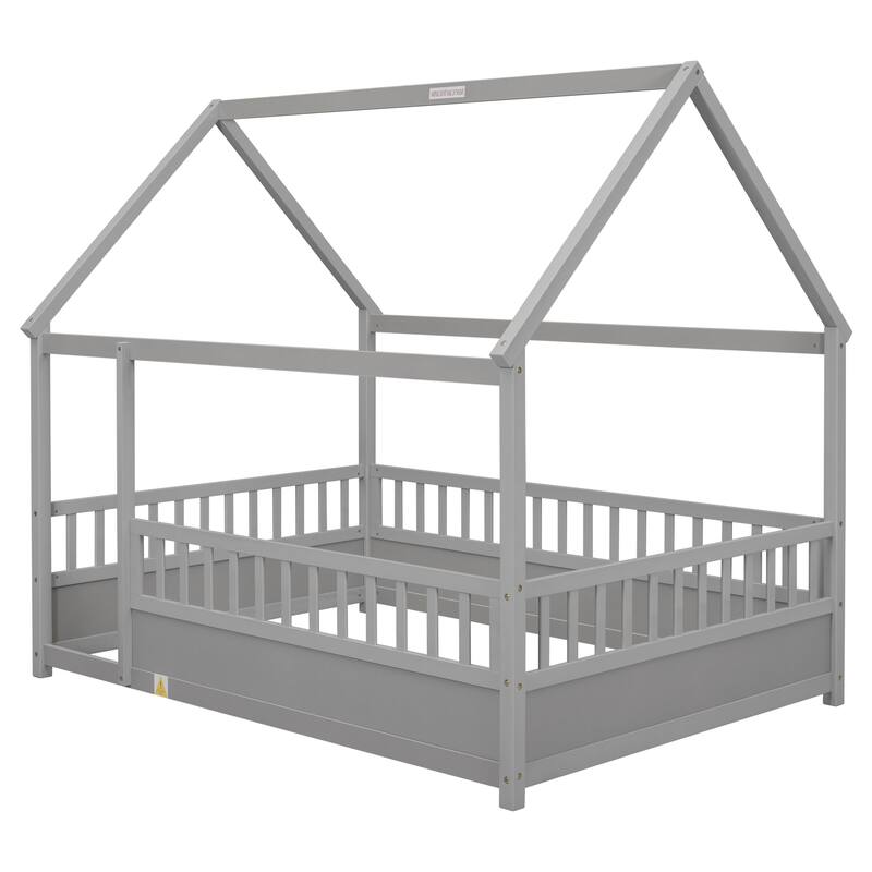 Full Size Wooden Floor Bed with Roof Frame and High Fence Guardrails, Grey