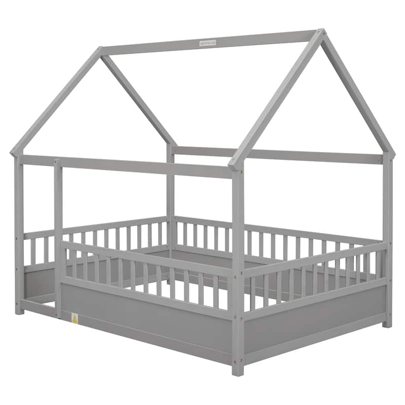 GDF Studio - Whitmore Montessori Wooden Floor Bed with House Roof Frame and Fence