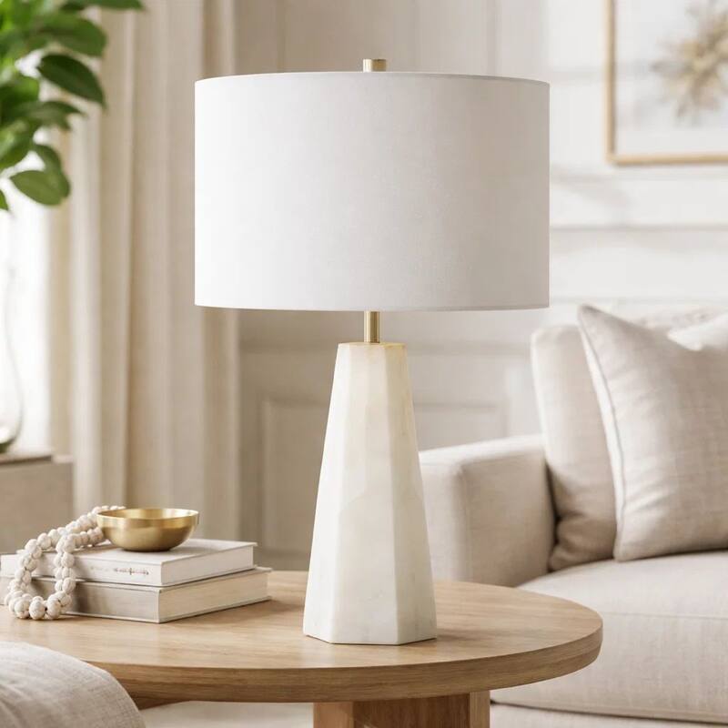 Accent Table Lamp, Cream Marble Base, Off White Linen Shade, 23 Inch