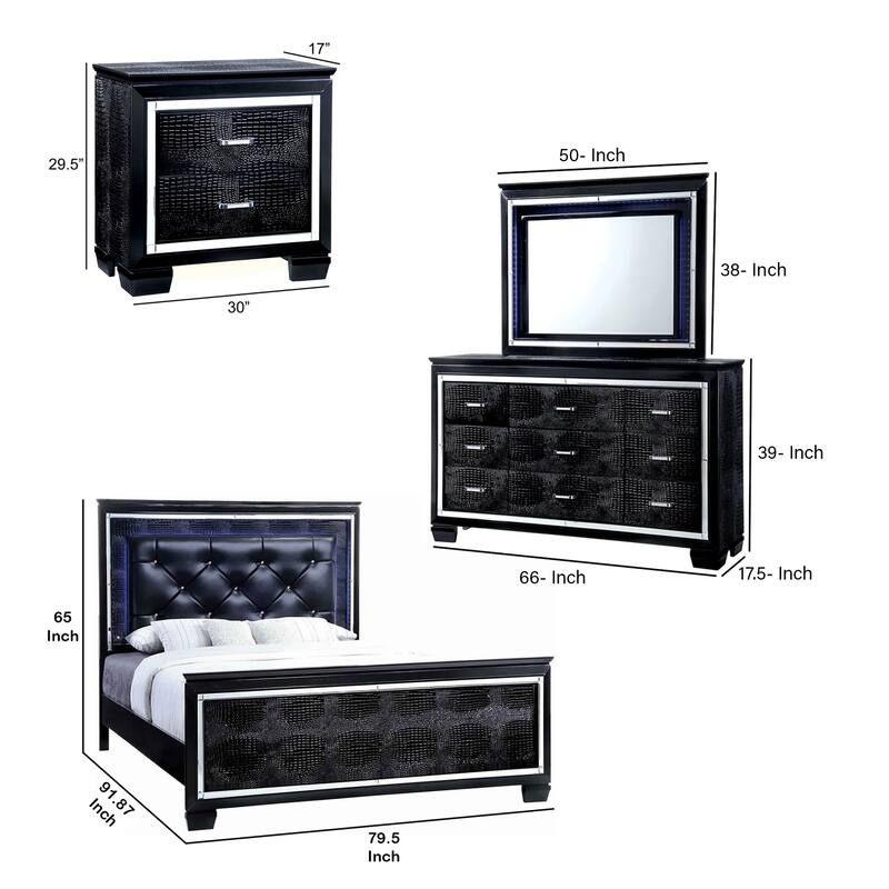 Kae 4 Pc California King Bedroom Set, LED and Mirror Trim, Textured, Black