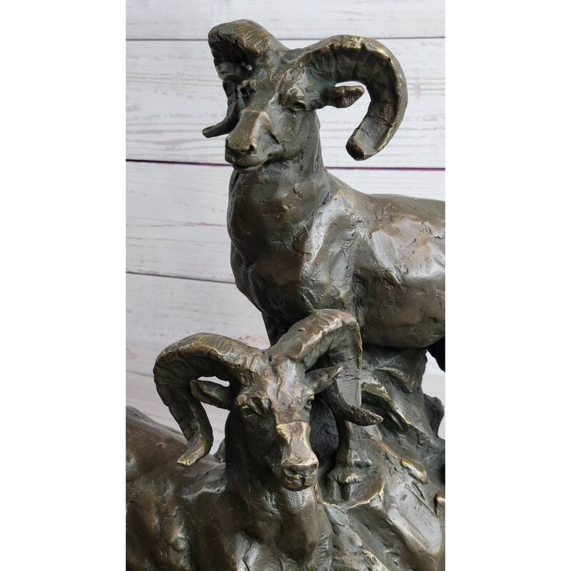 Rams Goats On Rocks Bronze Sculpture Statue Wildlife Art Decor On Marble Base