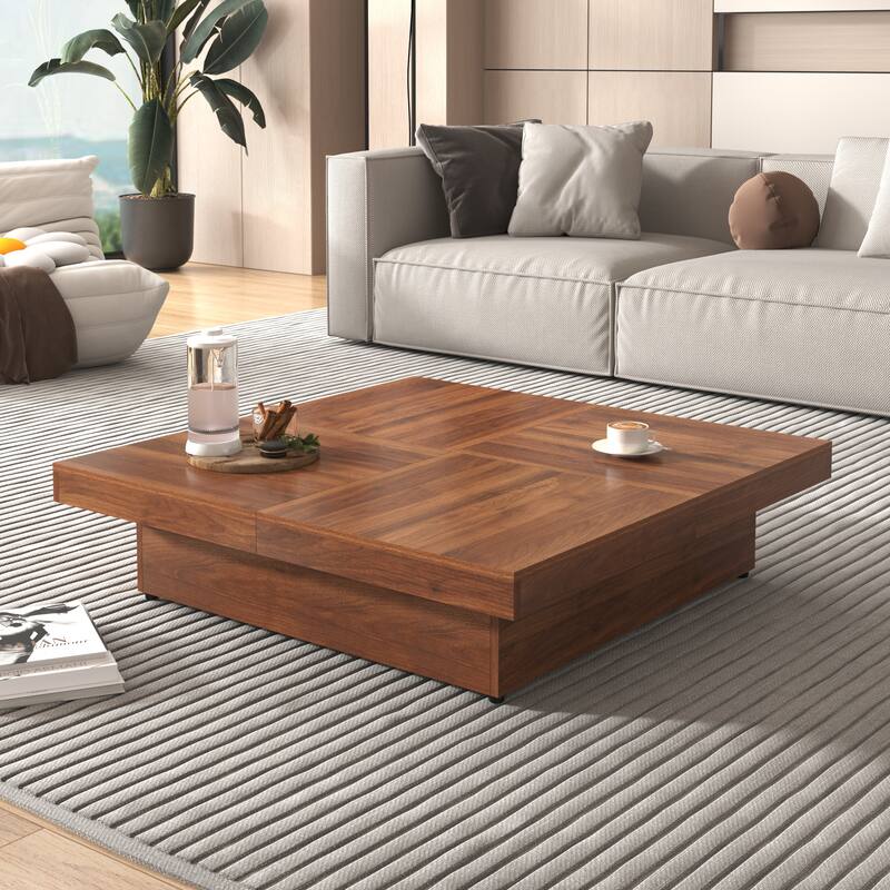 Modern Square Extendable Coffee Table with Sliding Top, Cocktail Table Center Table with 4 Hidden Storage Compartments for Home