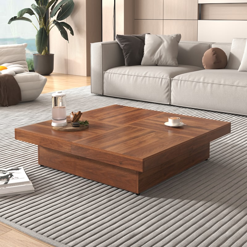 Roomfitters Modern Square Coffee Table with Sliding Top, Hidden Storage Compartments, Low Profile 39.4" - Walnut