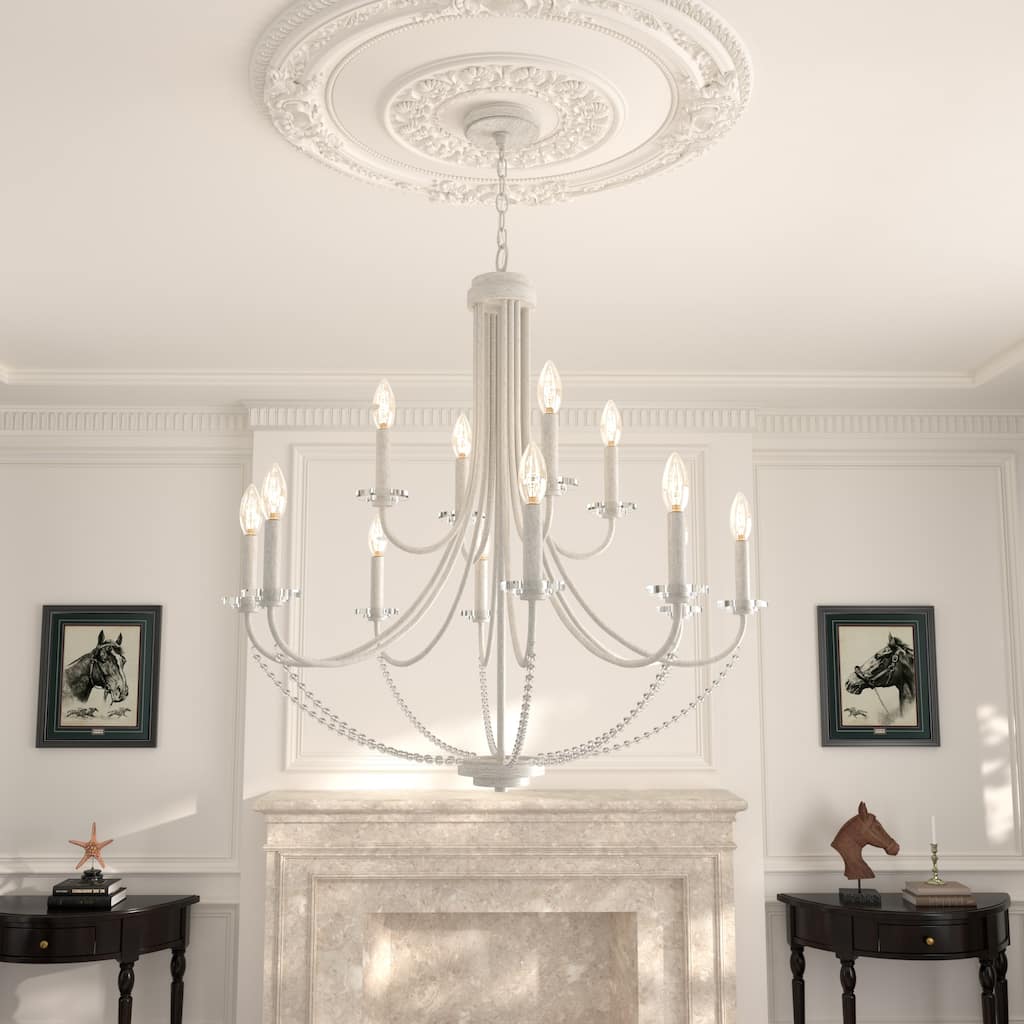 33.5In French Country 12-light Beaded Empire Candle Chandelier - 33.5'' D * 127.5'' H