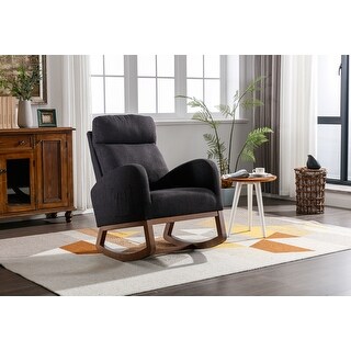 Modern Black Linen Rocking Chair with Wood Legs and Side Pocket - Bed ...