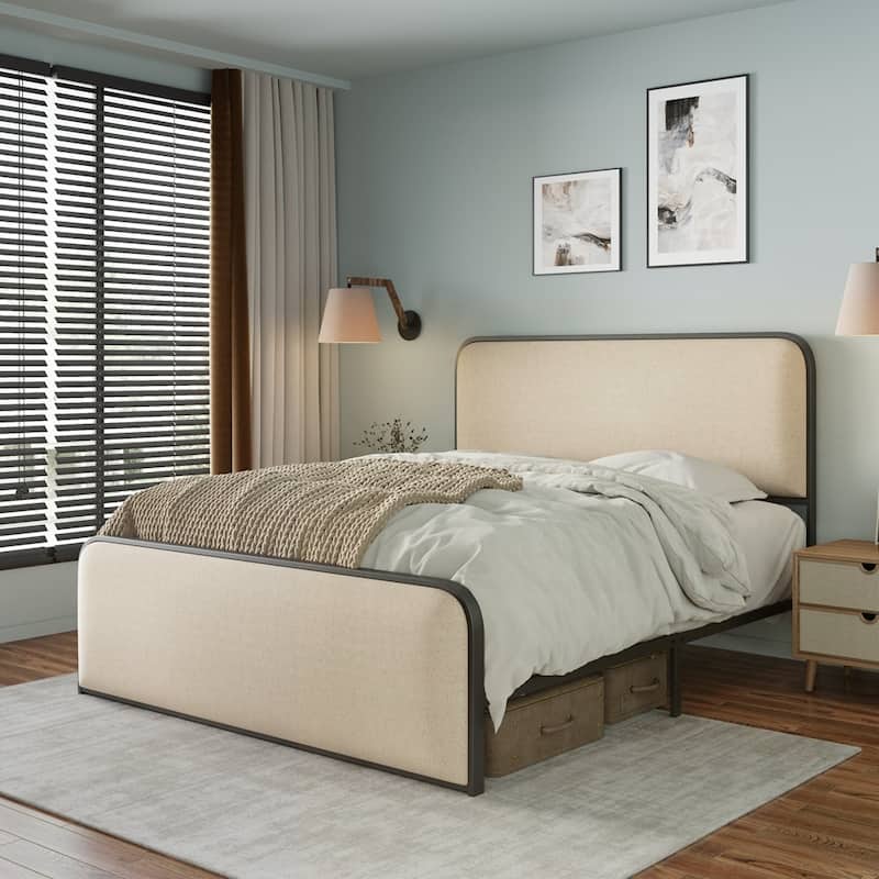Metal Bed Frame with Curved Upholstered Headboard and Footboard