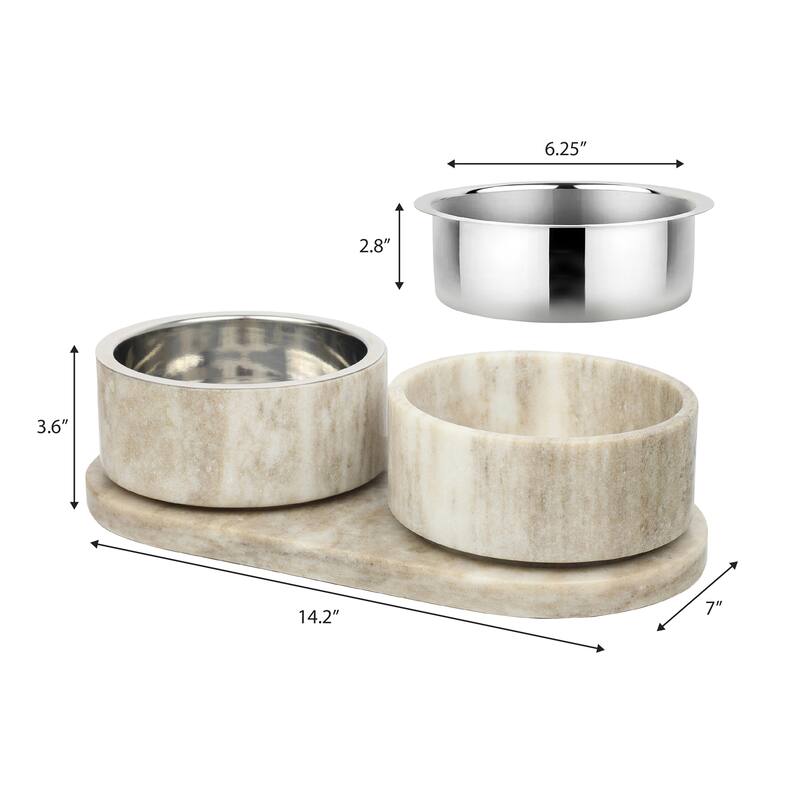 Marbre 12oz Double Pet Bowl Set - Marble & Stainless Steel with Non-Slip Tray
