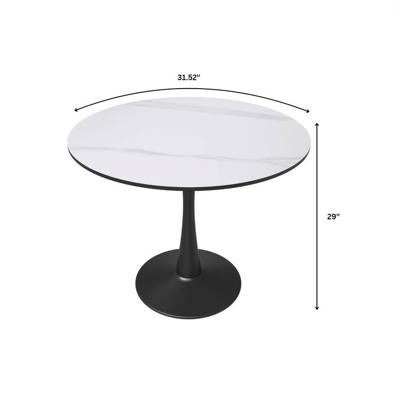 Bristol 32" Round Minimalist Dining Table for 4, Sintered Stone Top & Black Iron Pedestal Base for Kitchen & Dining Room