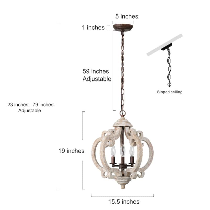 Modern Farmhouse 3-Light Distressed Off-White Wood Orb Chandelier for Dining Room - D15.5"x H 19"