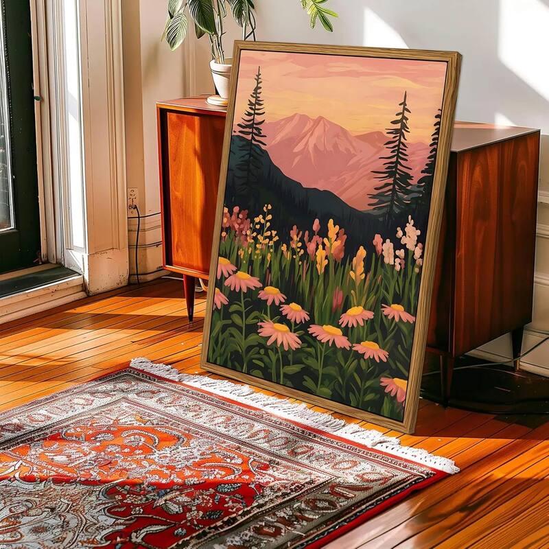 Colorful Mountain Wall Art Set of 3, Vintage Wildflower Landscape